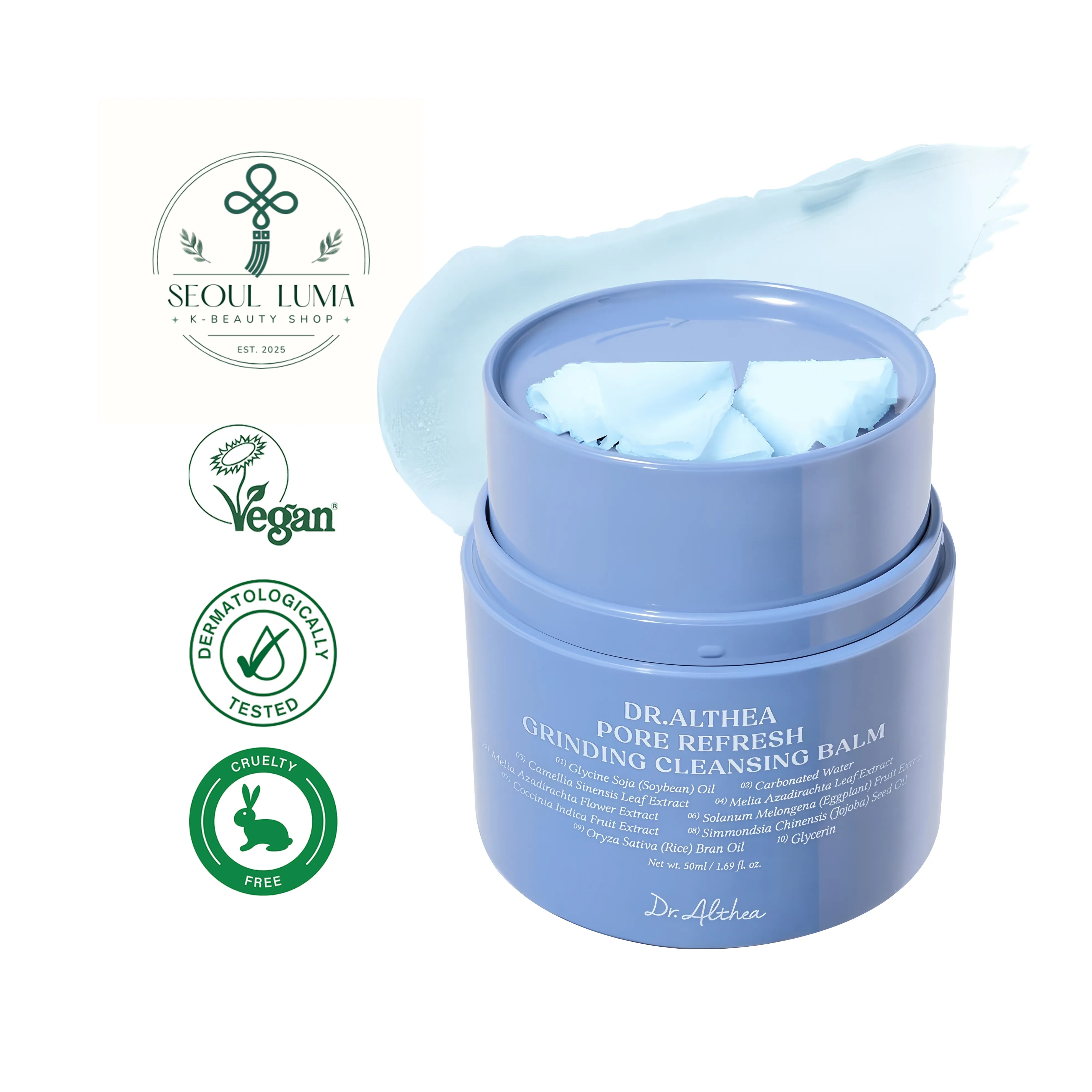 DR. ALTHEA Pore Refresh Grinding Cleansing Balm with innovative grinding mechanism, green tea extract, and soybean oil for deep pore cleansing